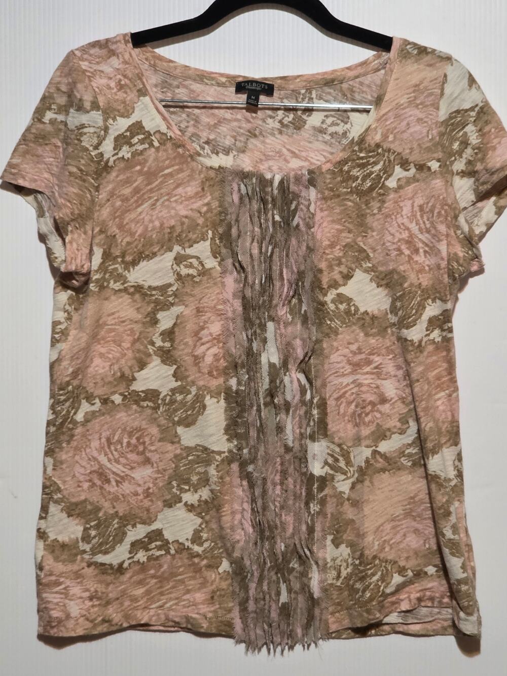 Talbots Floral Ruffle Trim Scoop Neck Tee Shirt Pink Brown Cotton Cottagecore M